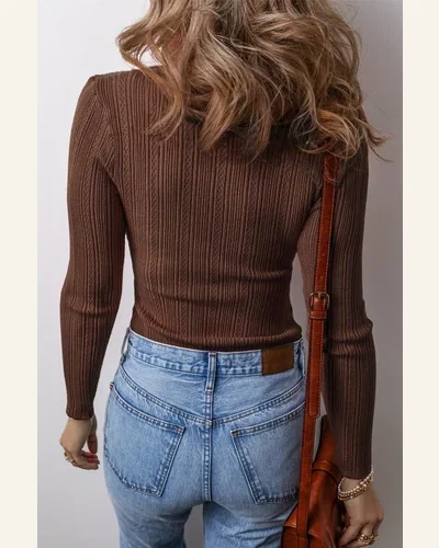 Tunic Tops Basic Coffee Solid Color Rib Knit, view 2