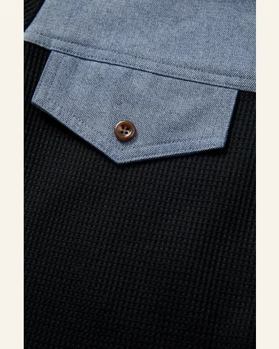 Waffle Knit Denim Patchwork Button Down Polo Top, view 2