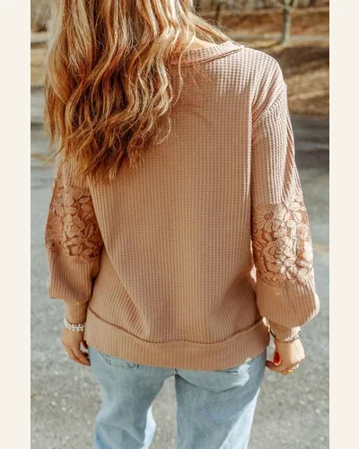 Tunic Tops Casual Apricot Lace Waffle Patchwork Strappy, view 2