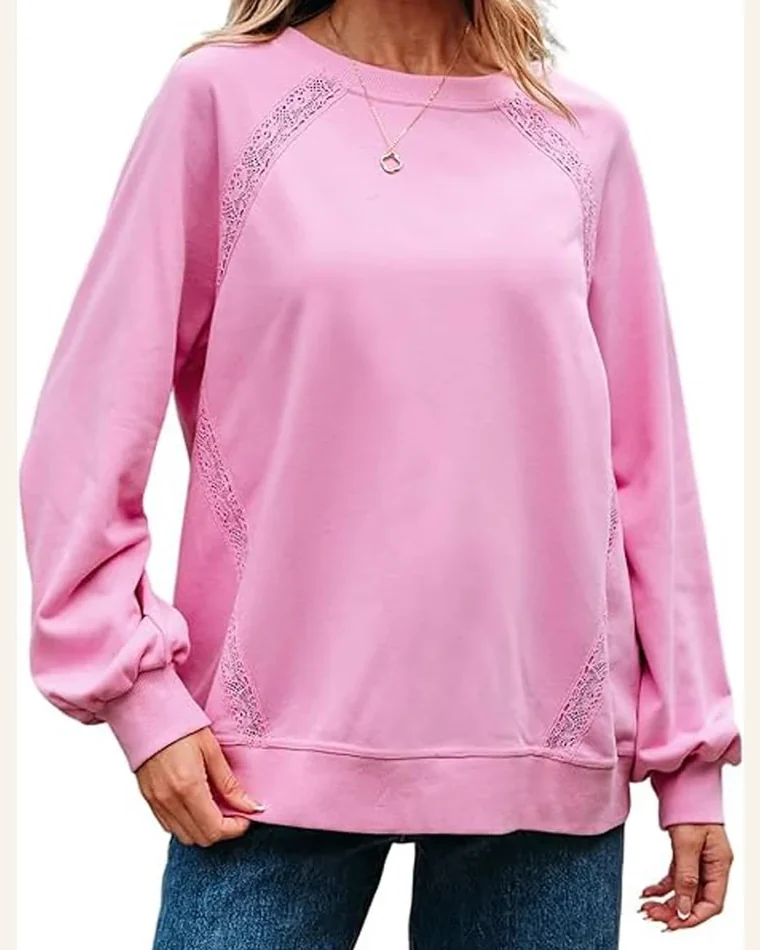 Casual Bright Pink Loose Fit Sweatshirts Lace Patched by SELINK