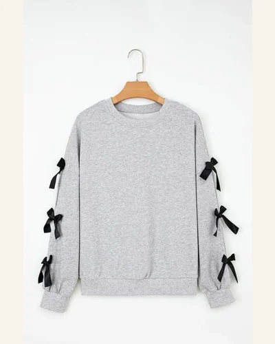 Casual Light Grey Contrast Bow Applique Sweatshirt Solid, view 4
