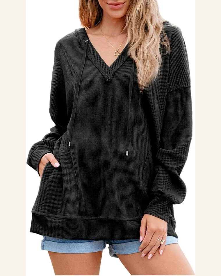 Basic Waffle Drop Shoulder Exposed Seam V Neck Sweatshirt by SELINK