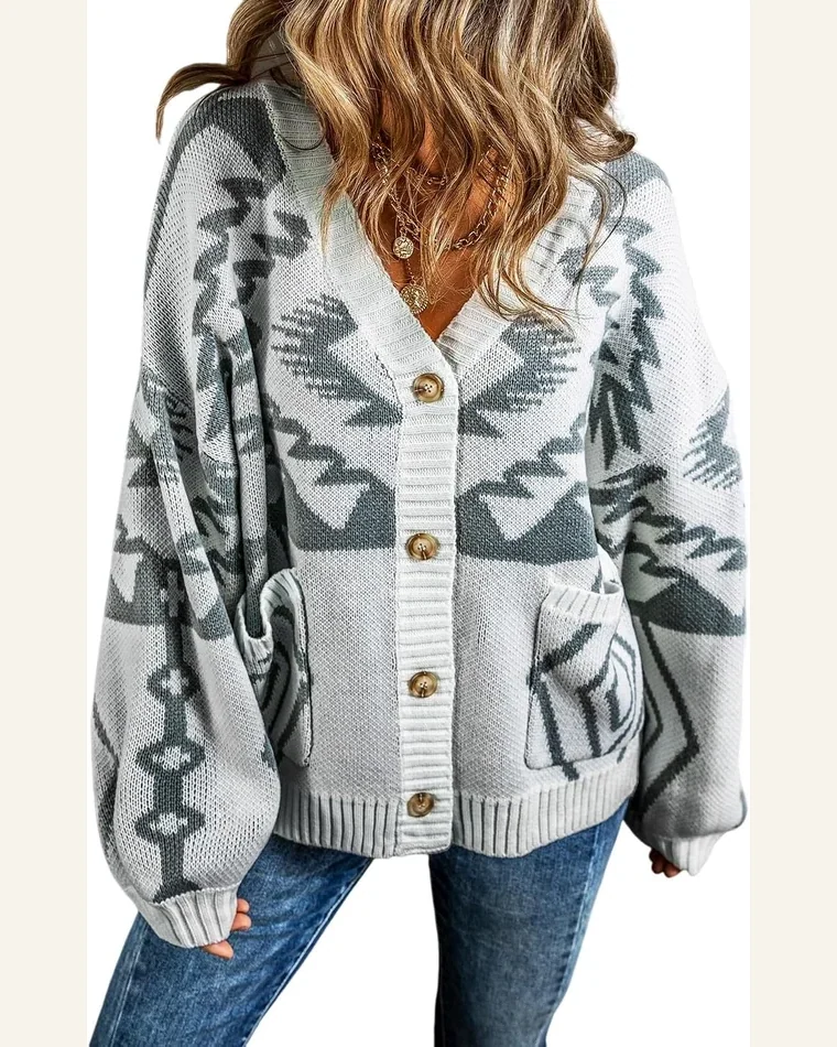 Cardigan Sweater Casual Light Grey Geometric Pattern Ribbed by SELINK