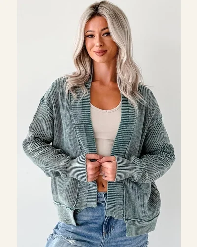 Casual Evergreen Mineral Wash Cardigan Sweater Exposed Seam, view 2
