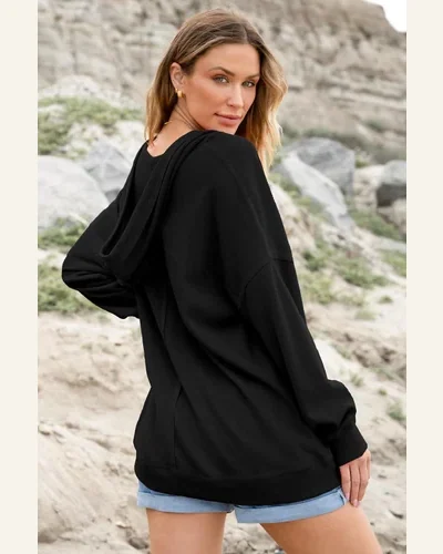 Basic Waffle Drop Shoulder Exposed Seam V Neck Sweatshirt, view 3