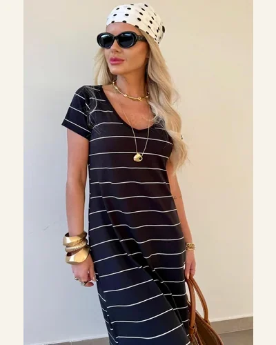 Casual Loose Black Stripe Side Slit Maxi Top, view 3