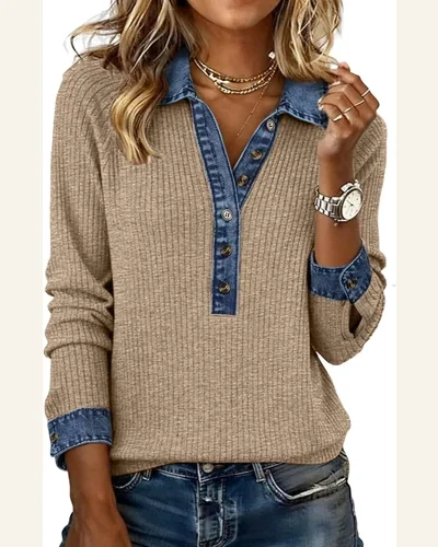 Denim Patchwork Ribbed Knit Button Long Sleeve Top, view 1