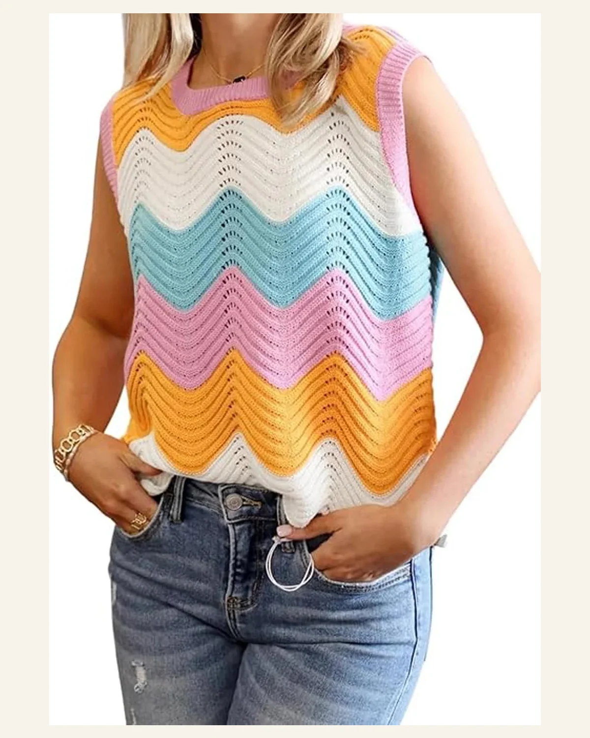 Tank Tops Casual Multicolour Striped Scalloped Hem Knitted by SELINK