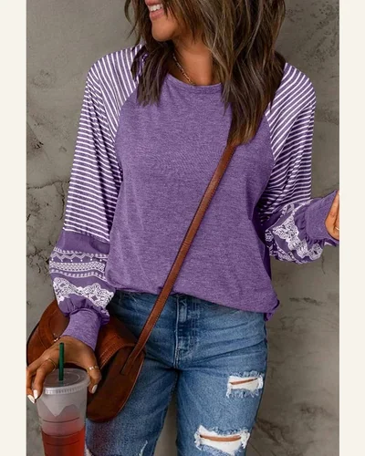 Long Sleeve Tops Striped Colorblock T Shirts Casual, view 3