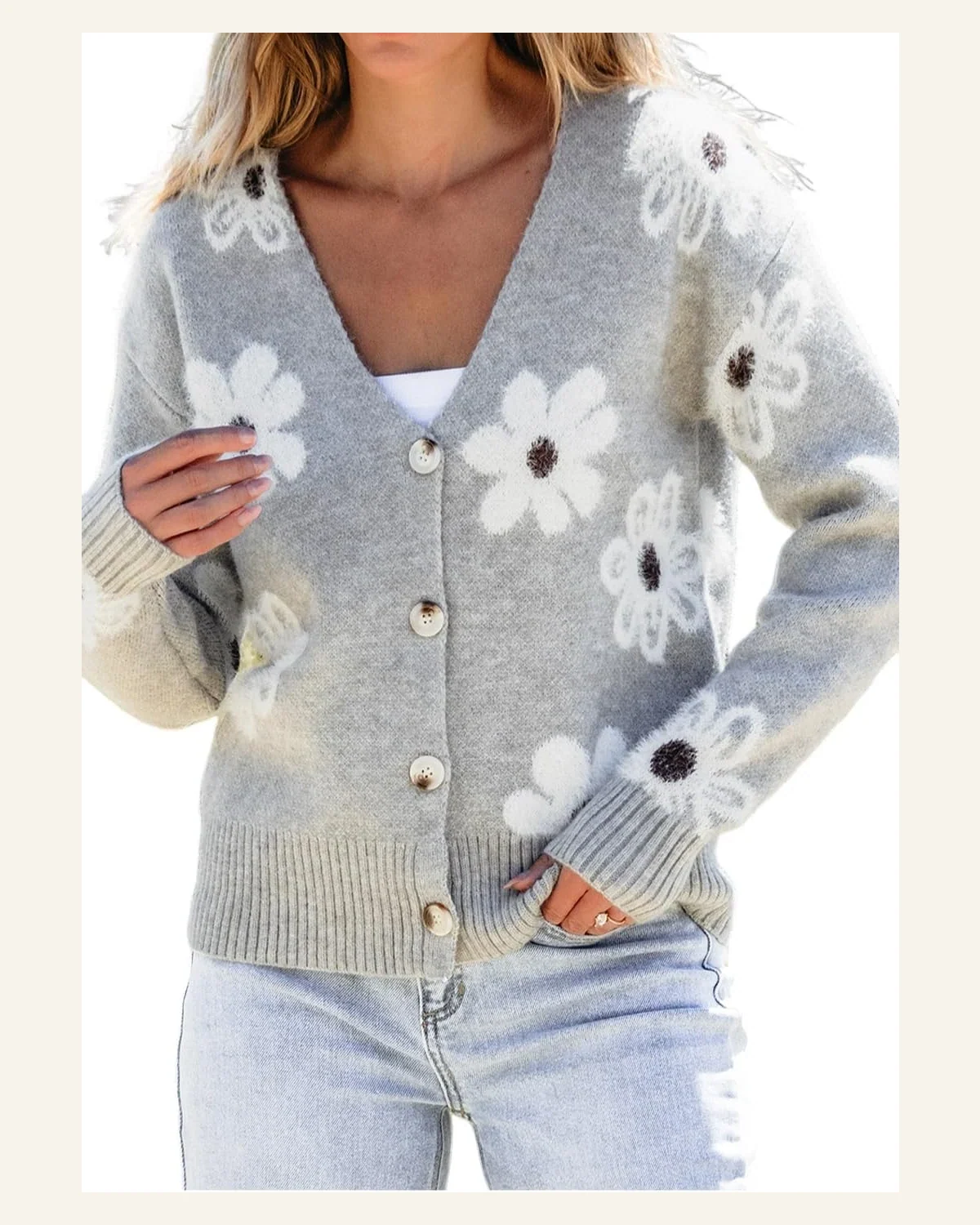 Cardigan Sweater Casual Light Grey Floral Print by SELINK