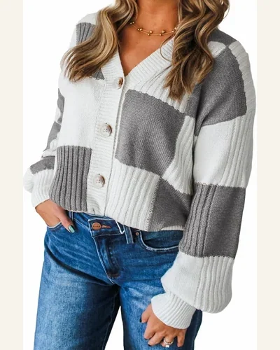 Casual Checkered Pattern Cardigan Sweater Ribbed Detail Button, view 4