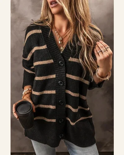 Cardigan Sweater Casual Black Stripe Buttoned V Neck, view 2