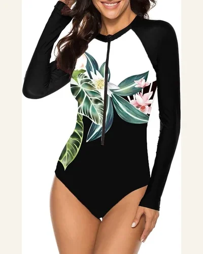 Long Sleeve Rash Guard Zipper Printed One Piece Swimsuit, view 1