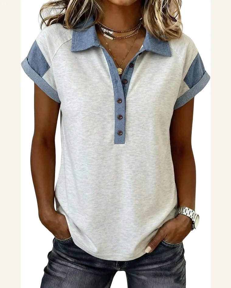 Denim Patchwork Polo T Shirt Contrast Blouse by SELINK