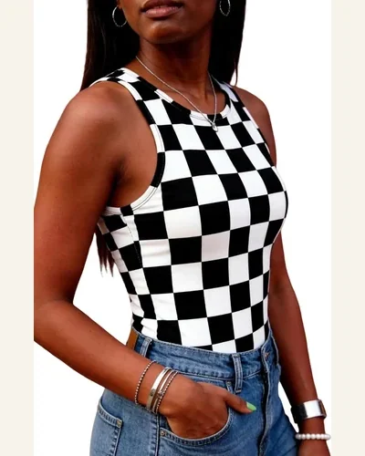 Checkerboard Printed Slim Fit Summer Tank Tops, view 2