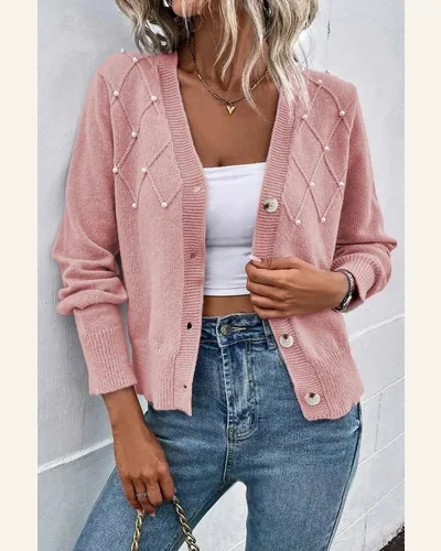 Cardigan Sweater Elegant Sepia Rose Textured Knit Pearl, view 4