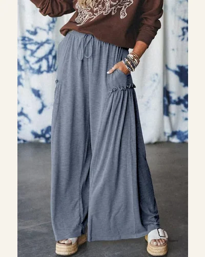 Casual Pants Frilled Detail Straight Wide Leg Elastic, view 3