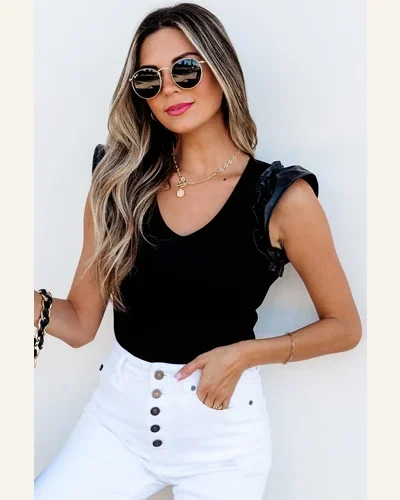 Bodysuit Black Leatherette Ruffle Patchwork Ribbed V Neck, view 4