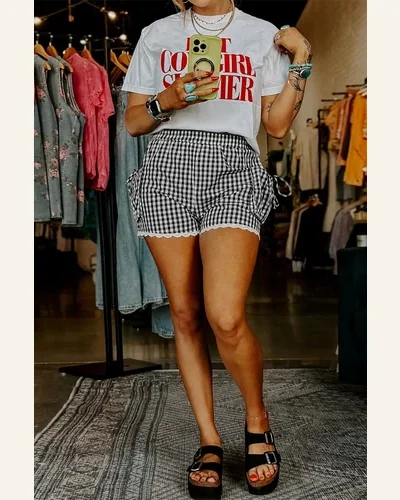 Western Black Gingham Lace Trim Shorts with Pouch, view 3