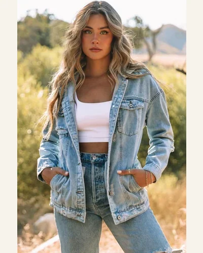 Denim Jean Jacket Casual Sky Blue Button Closure, view 4