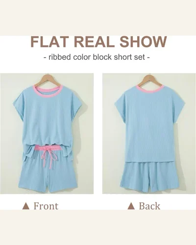 Ribbed 2 Piece Summer Outfits Color Block Loungewear Set, view 3