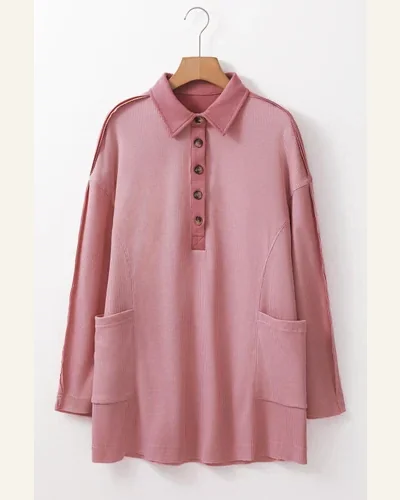 Tunic Tops Casual Pink Waffle Long Sleeve Collar, view 4