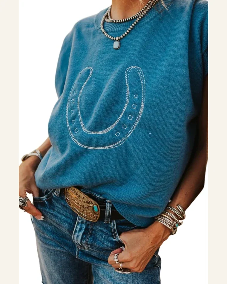 Western Light Blue Horse Shoe Pullover Sweater Tops by SELINK