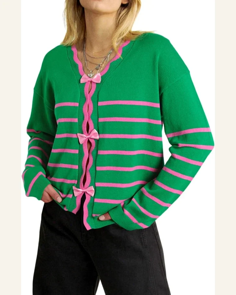 Cardigan Sweater Green Stripe Ribbon Bow Detail Sweater by SELINK