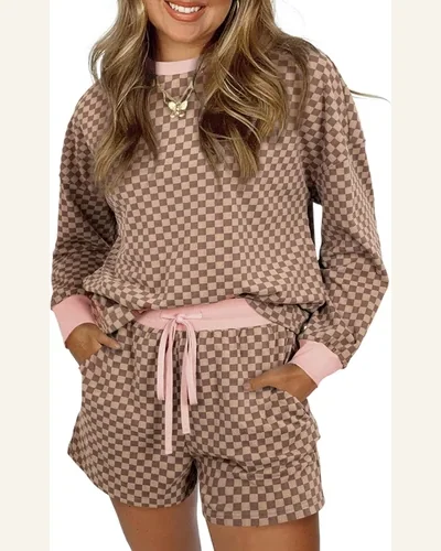 Checkerboard 2 Piece Sets Casual Long Sleeve Pullover, view 1