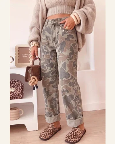 Camouflage Jeans Studded Straight Loose Pants Multicolour 4, view 4