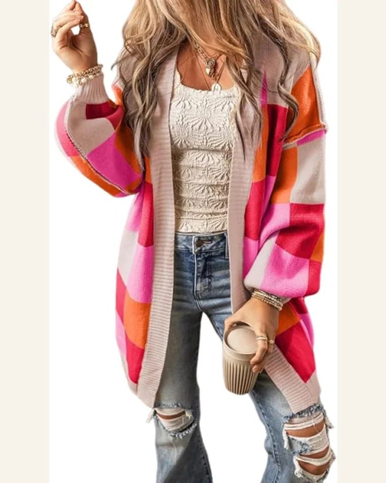 Open Front Checkered Drop Shoulder Cardigan Sweater by SELINK