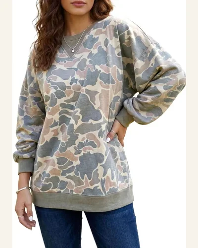 Camo Sweatshirt Drop Shoulder Casual Long Sleeve Pullover, view 1