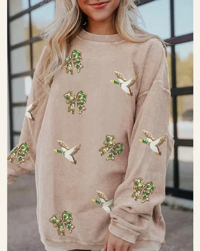 Oversized Sweatshirt Crewneck Sequin Graphic Pullover Tops, view 4