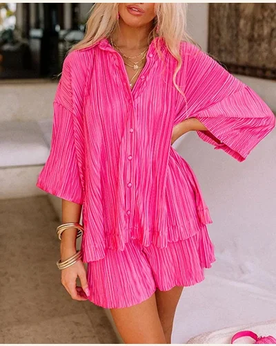 2 Piece Outfits Casual 3/4 Sleeves Pleated Button Set, view 4
