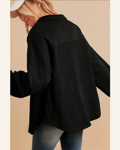 Shacket Jacket Casual Black Waffle Knit Patchwork Buttoned, view 2