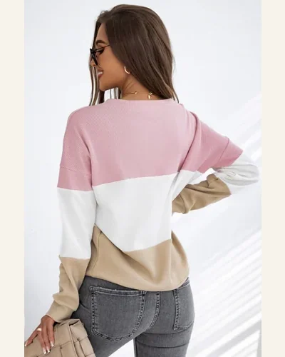 Tunic Tops Casual Pink Colorblock Waffle Knit Long, view 2