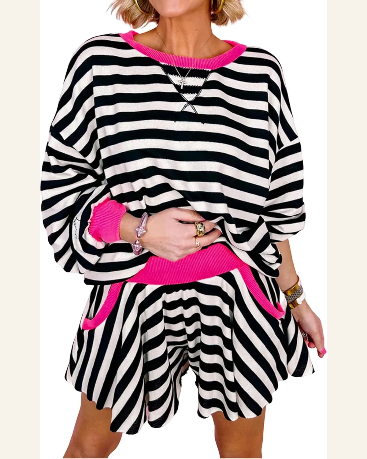 2 Piece Sets Casual Striped Colorblock Crewneck Pullover by SELINK