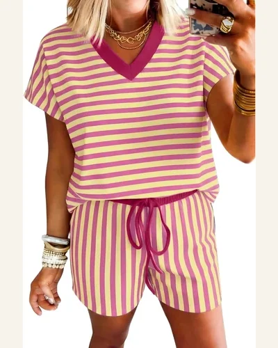 Striped 2 Piece Set Cap Sleeve V Neck, view 1