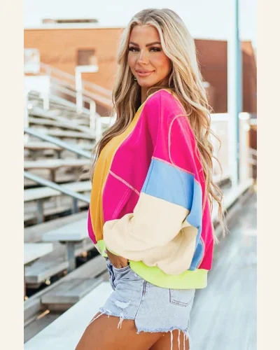 Tunic Tops Casual Grapefruit Orange Colorblock Patchwork Exposed, view 4
