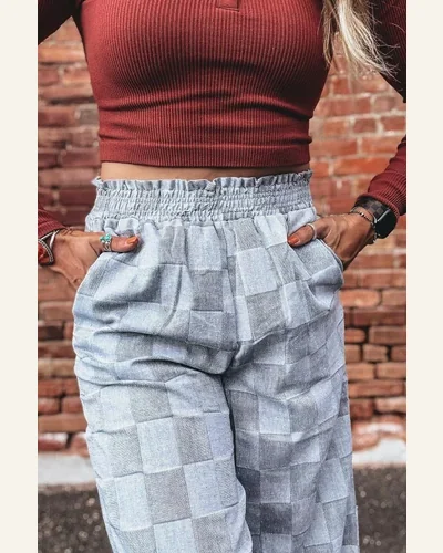 Casual Sky Blue Checkered High Waisted Denim Jeans, view 4