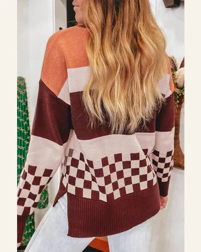 Brown Checkered Pullover Sweater Tops Color Block Knitted, view 2