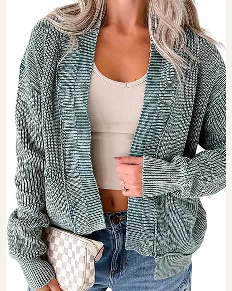 Casual Evergreen Mineral Wash Cardigan Sweater Exposed Seam by SELINK