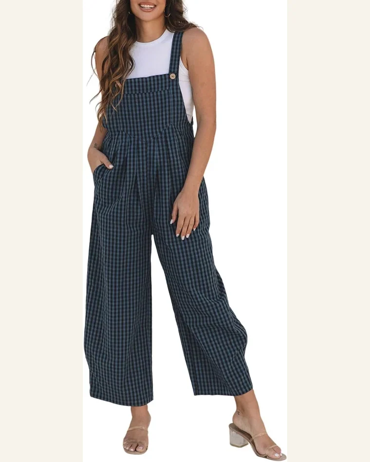 Casual Loose Sail Blue Plaid Print Buttoned Pocketed Jumpsuit by SELINK