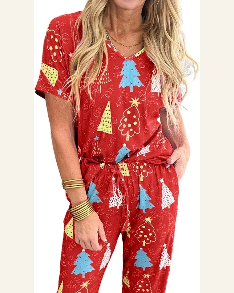 Pajamas Christmas Tree Print V Neck Tee by SELINK