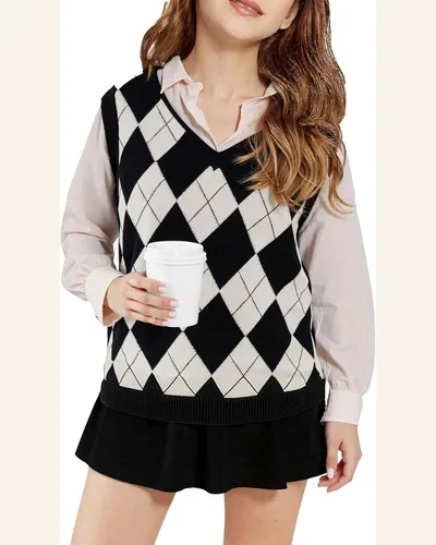 Boys Girls V Neck Argyle Knit School Uniform Top, view 1