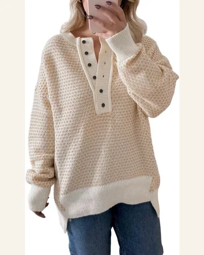 Casual Oatmeal Contrast Ribbed Pullover Sweater Henley Button, view 1