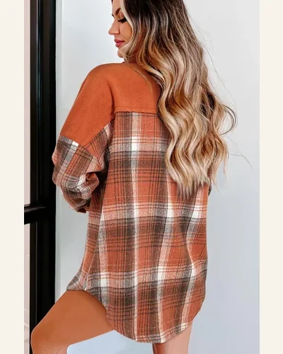 Shacket Jacket Casual Khaki Colorblock Plaid Pattern Flap, view 2