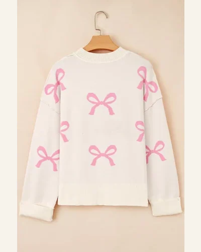 Casual Pink Bow Ribbed Trim Drop Shoulder Loose Sweater, view 4