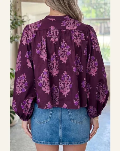 Floral Tops Long Puff Sleeve Blouse Button, view 2