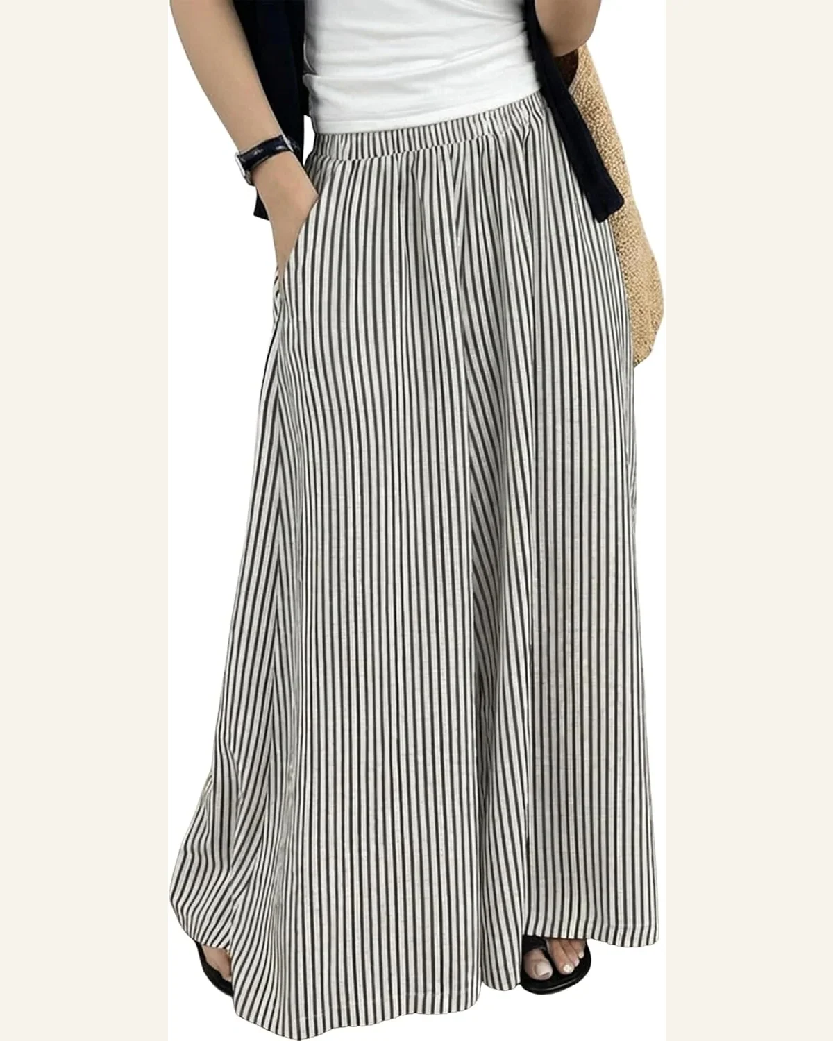 Casual Loose Black Stripe Elastic High Waist Pants by SELINK